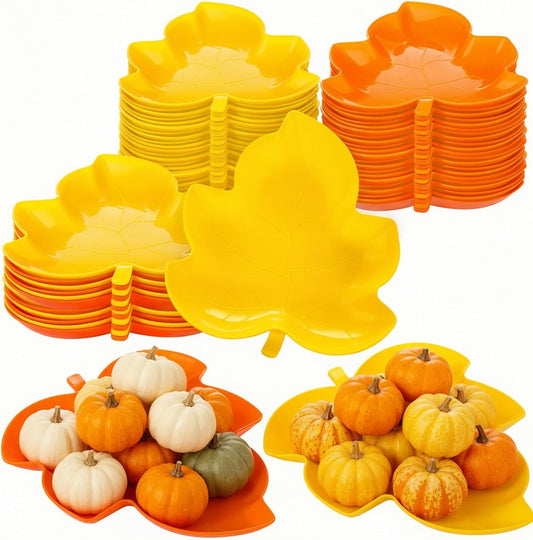 Honeydak 24 Pcs Thanksgiving Plates Fall Snack Dessert Dishes Thanksgiving Maple Leaves Shape Plates Yellow Orange Dishes Candy Fruit Plastic Bowls for Autumn Harvest Party Supplies