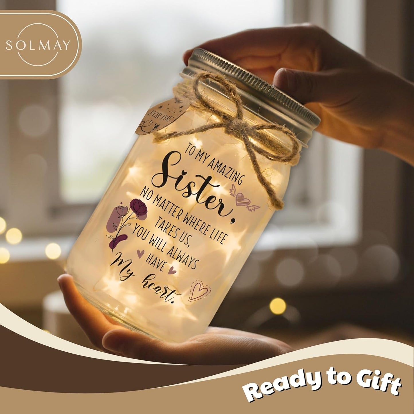 SOLMAY Sister Gifts Mason Jar Night Light – Unique Birthday & Christmas Gift for Sister– Sentimental Decorative Lamp from Sibling or Brother with Warm LED Fairy Lights