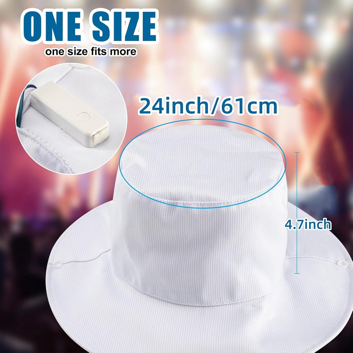 LED Bucket Hat, 7 Colors Rave LED Hats for Men Women Rechargeable Light up LED Cowboy Hat Wide Brim Neon Outfit for Party (White)