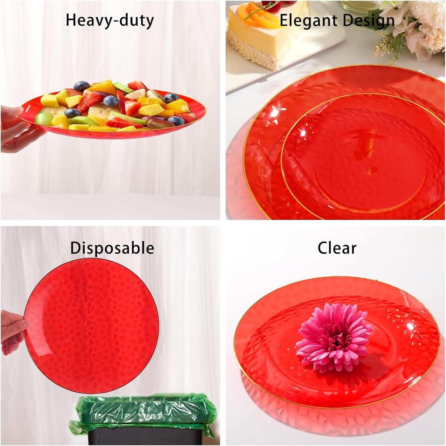 150 Pcs Red Plastic Plates - Red Gold Plastic Dinnerware Set for 25 Guests - 50 Disposable Plates, 75 Gold Silverware, 25 Napkins for Party Birthday Thanksgiving Christmas