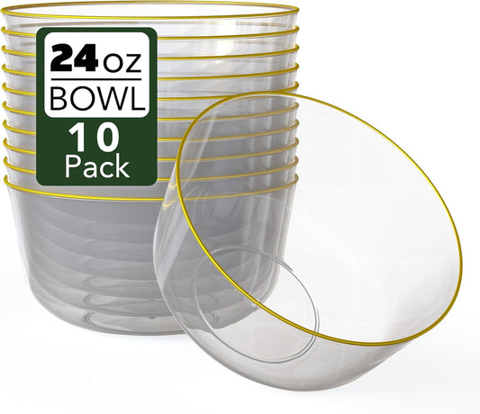 Trendables Clear Plastic Bowls - 24 Oz Set of 10, Gold Rimmed, Fancy Serving Bowls - Perfect for Ice Cream, Salad, Candy
