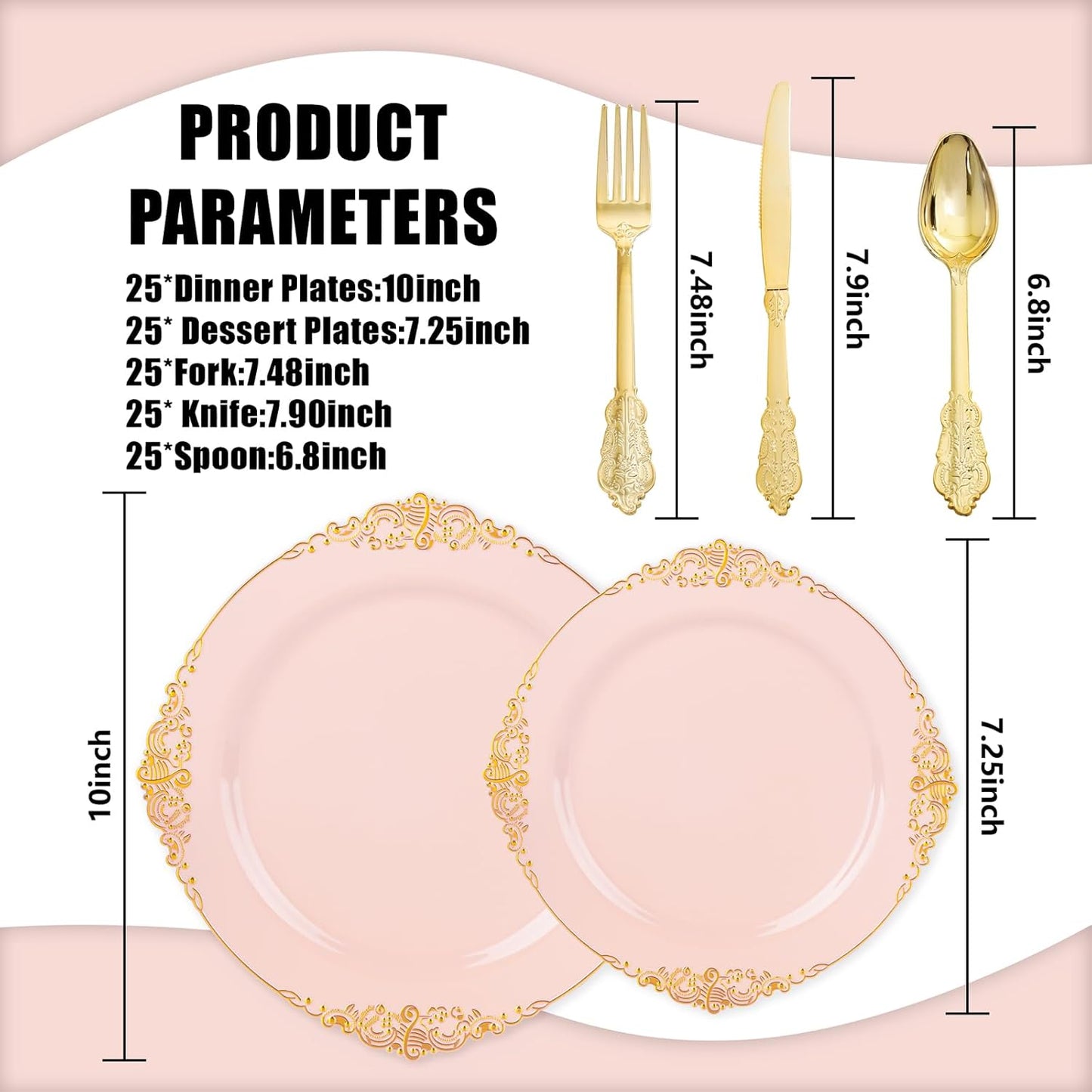 125PCS Pink and Gold Plastic Plates - Pink Disposable Plates - Vintage Plate with Gold Plastic Silverware Set for 25 Guests for Weddings Parties