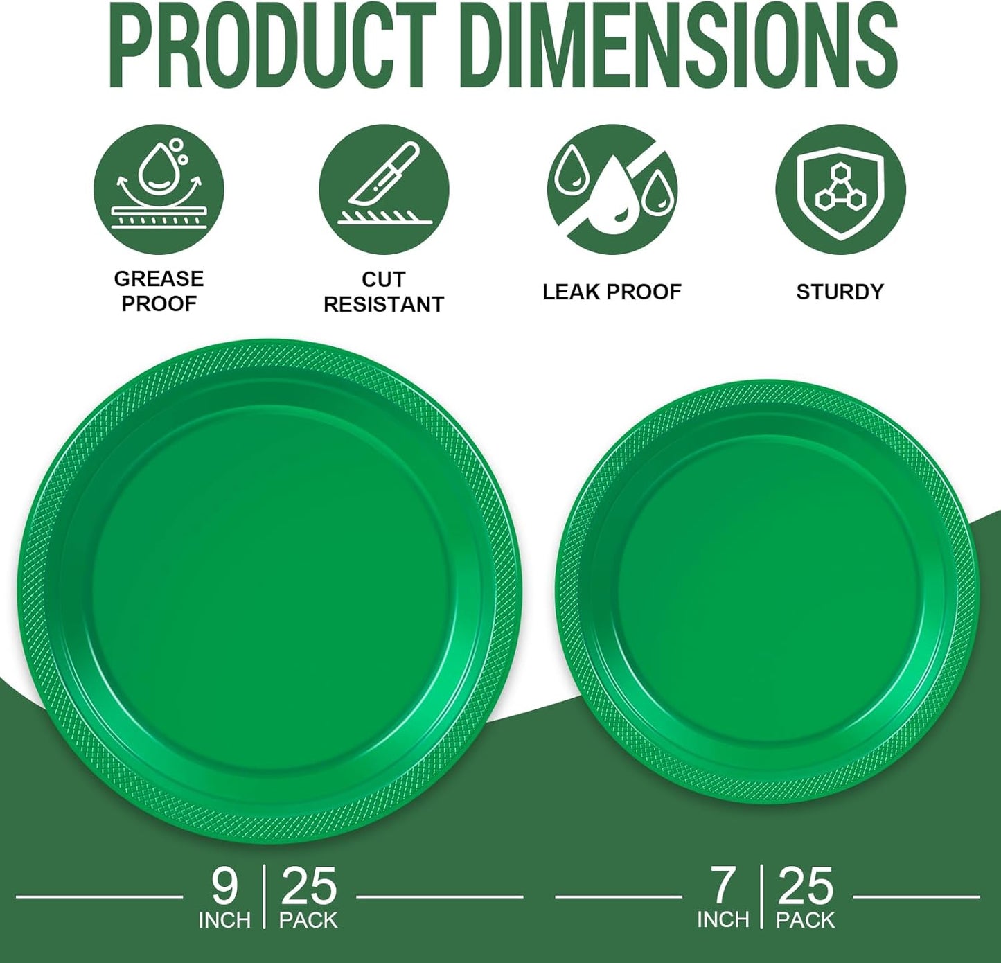 50 Green Plastic Plates For Party, Includes 25-9" & 25-7" Cake Dessert Plastic Dinner Plates Disposable For Party Supplies