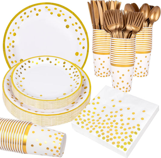 Supernal 350pcs White and Gold Plates & Napkins Party Supplies,10inch Birthday Plates 7inch White and Gold Paper Plates Gold Plastic Forks,Knives,Spoons,White Napkins Cups Served 50 Guest for Birthday