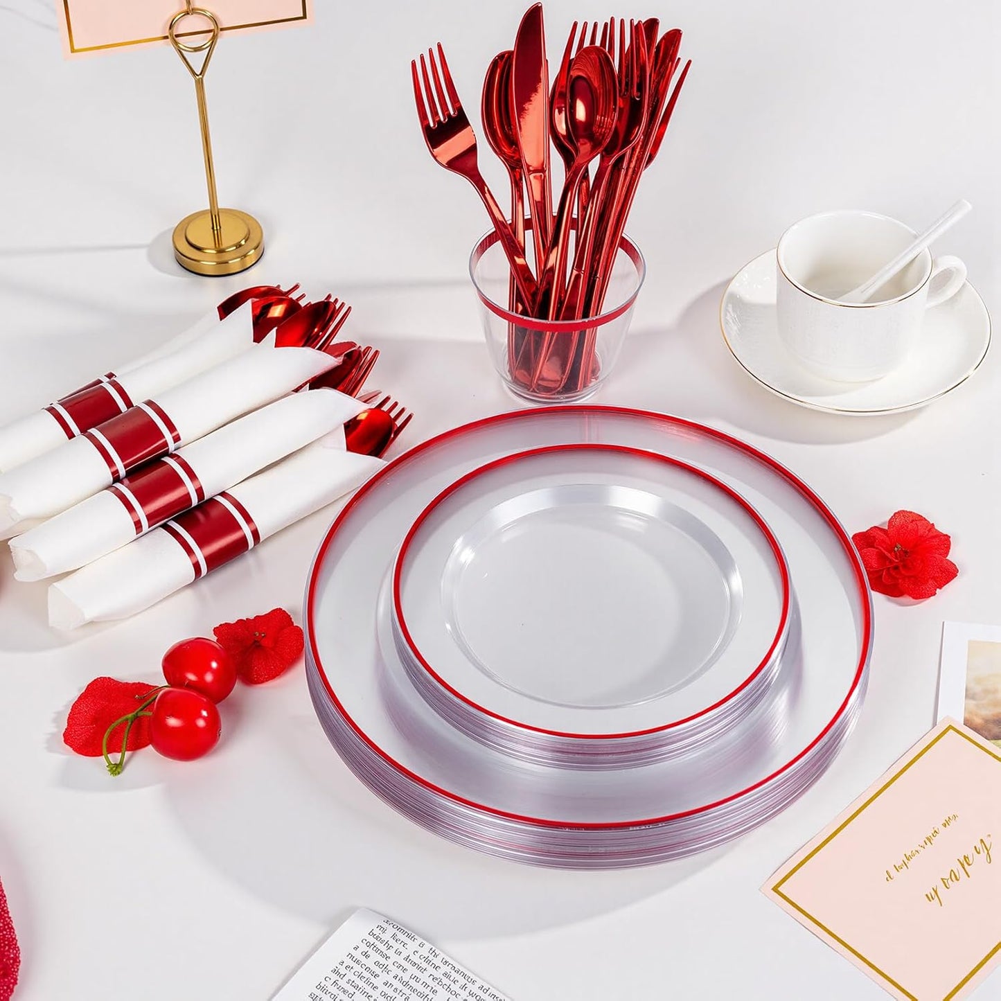 SUT 350 Pcs Red and Clear Plastic Dinnerware Set for 50 Guests, Include: 50 Dinner Plates, 50 Dessert Plates, 50 Pre Rolled Napkins With Silverware, 50 Cups, Disposable Plates for Party, Christmas