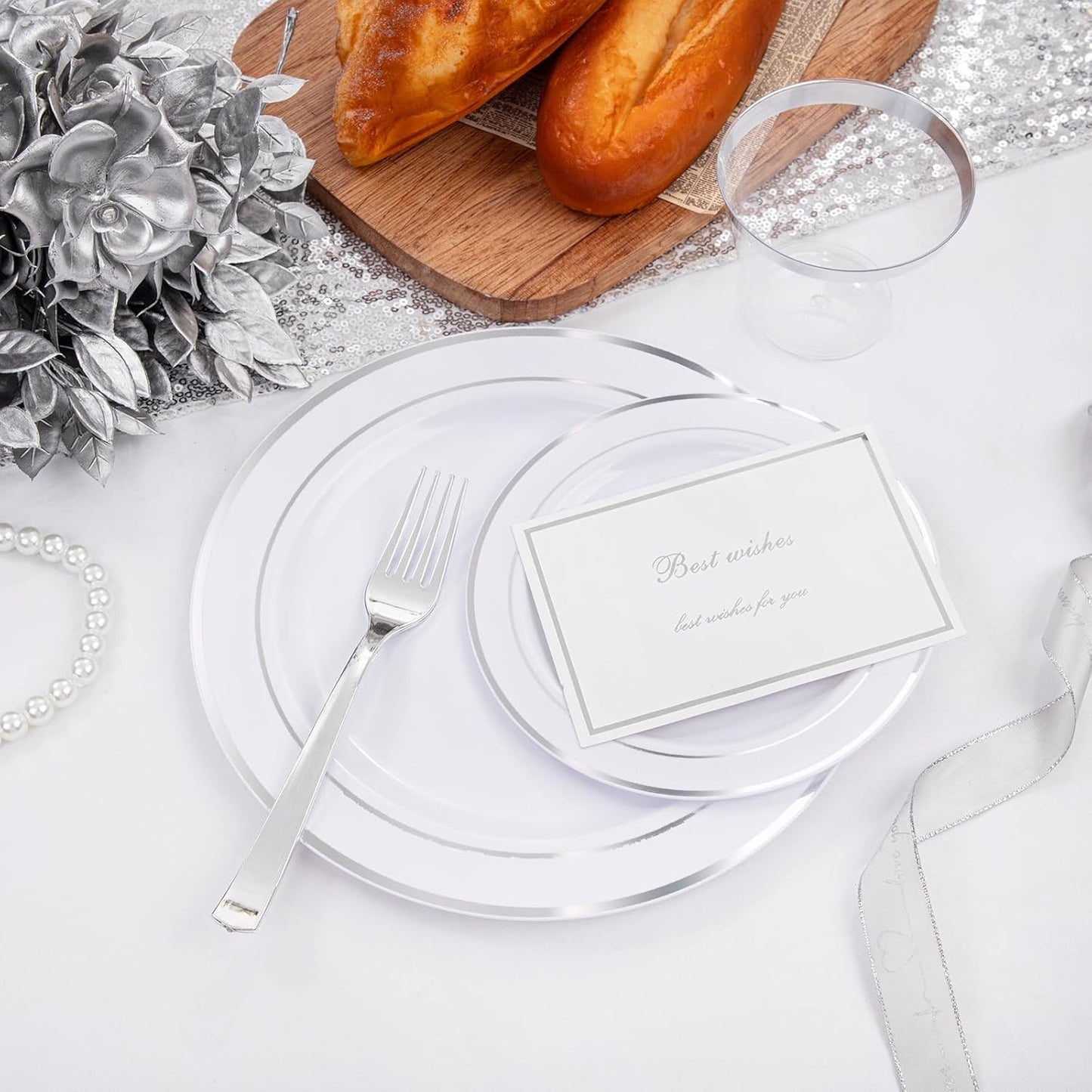 WELLIFE 300Pcs Silver Elegant Plastic Dinnerware Set for 50 Guests - Premium Disposable Party Supplies Includes Dinner Plates, Salad Plates, Cups & Flatware Set for Wedding, Anniversary, Banquet