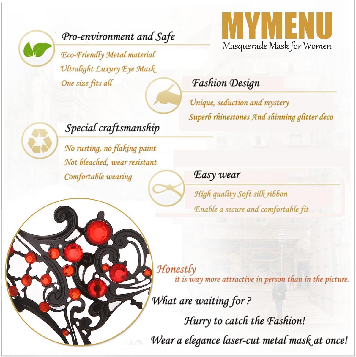 MYMENU Masquerade Mask for Women Shiny Rhinestone Metal Mask Venetian Mask for Party Prom Ball