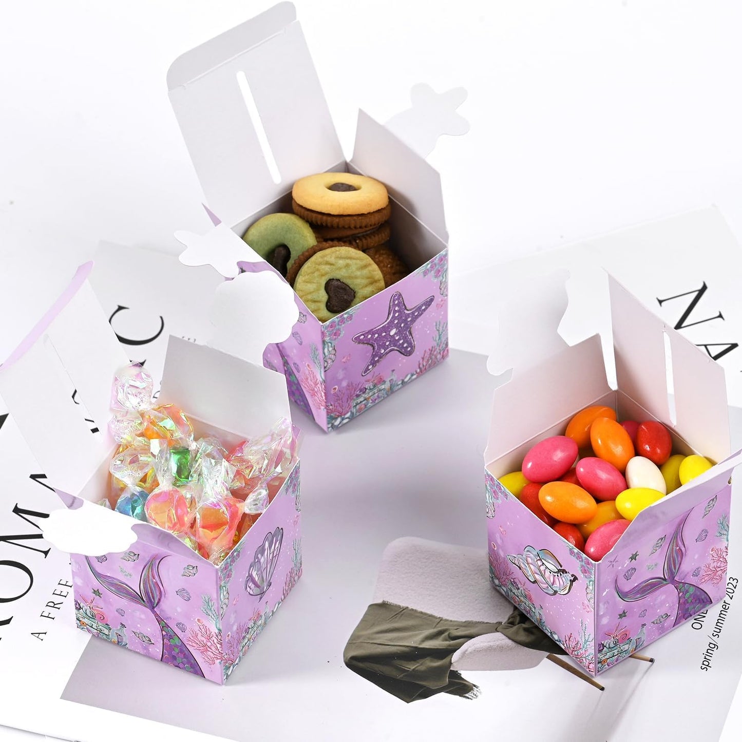 24 Pcs Mermaid Party Favor Boxes, 2.17inch Purple Under the Sea Foldable Goodie Boxes with Conch Starfish & Seashell, Treat Boxes for Candy Snacks & Gifts, Dreamy Birthday Baby Shower Party Supplies