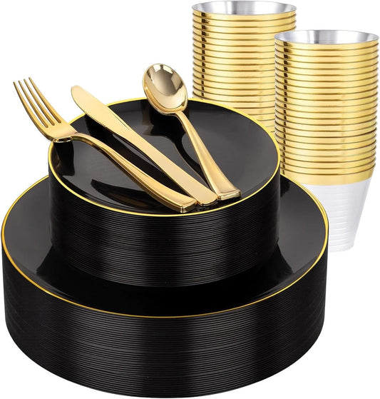 WDF 150PCS Black Plastic Plates - Black and Gold Plates Disposable - 25guest Disposable Dinnerware Sets for Party/Wedding/Halloween/New Year