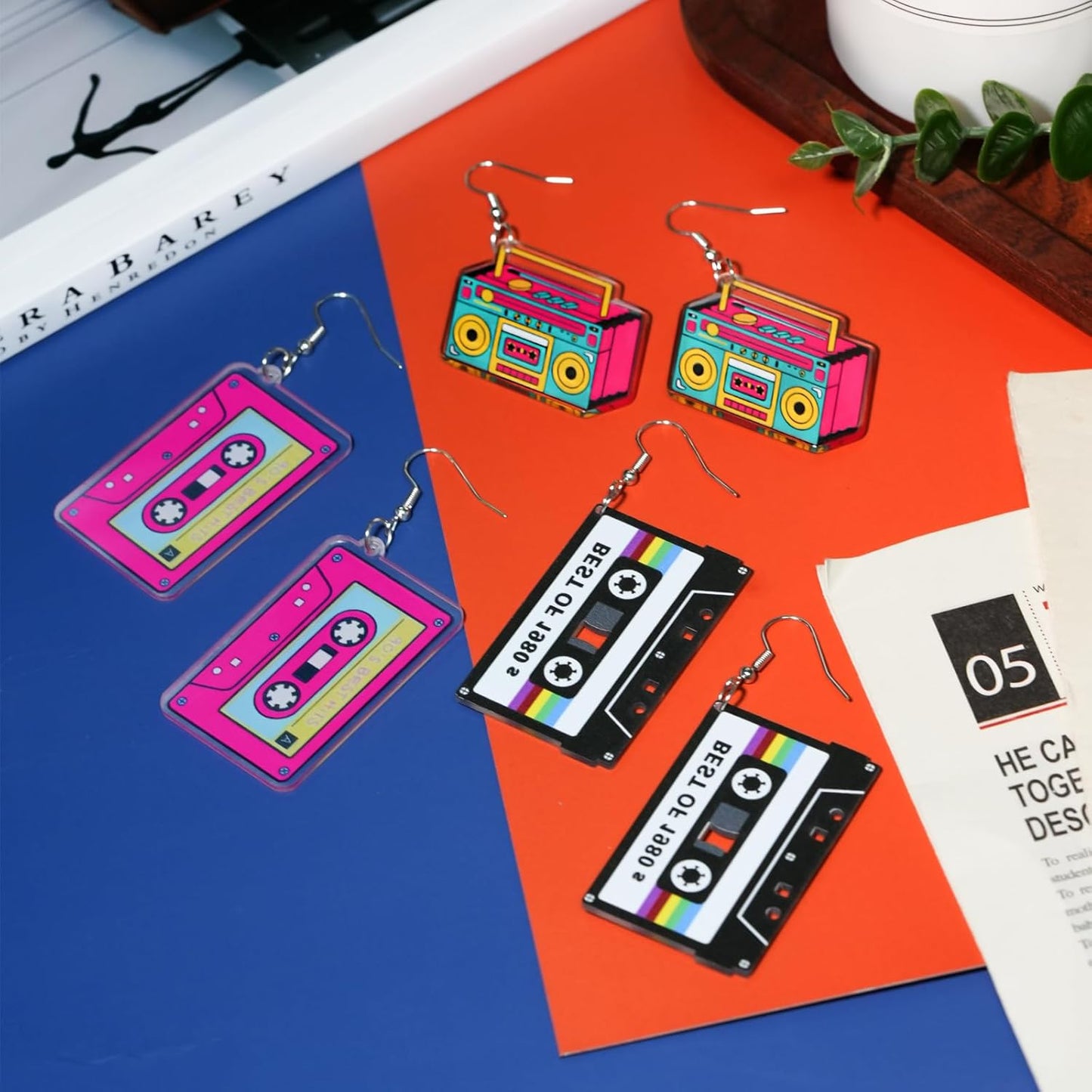 80s 90s Retro Cassette Tape Neon Earrings for Women Acrylic Radio Earring Set for 80s 90s Accessories Cosplay Party Jewelry Gifts