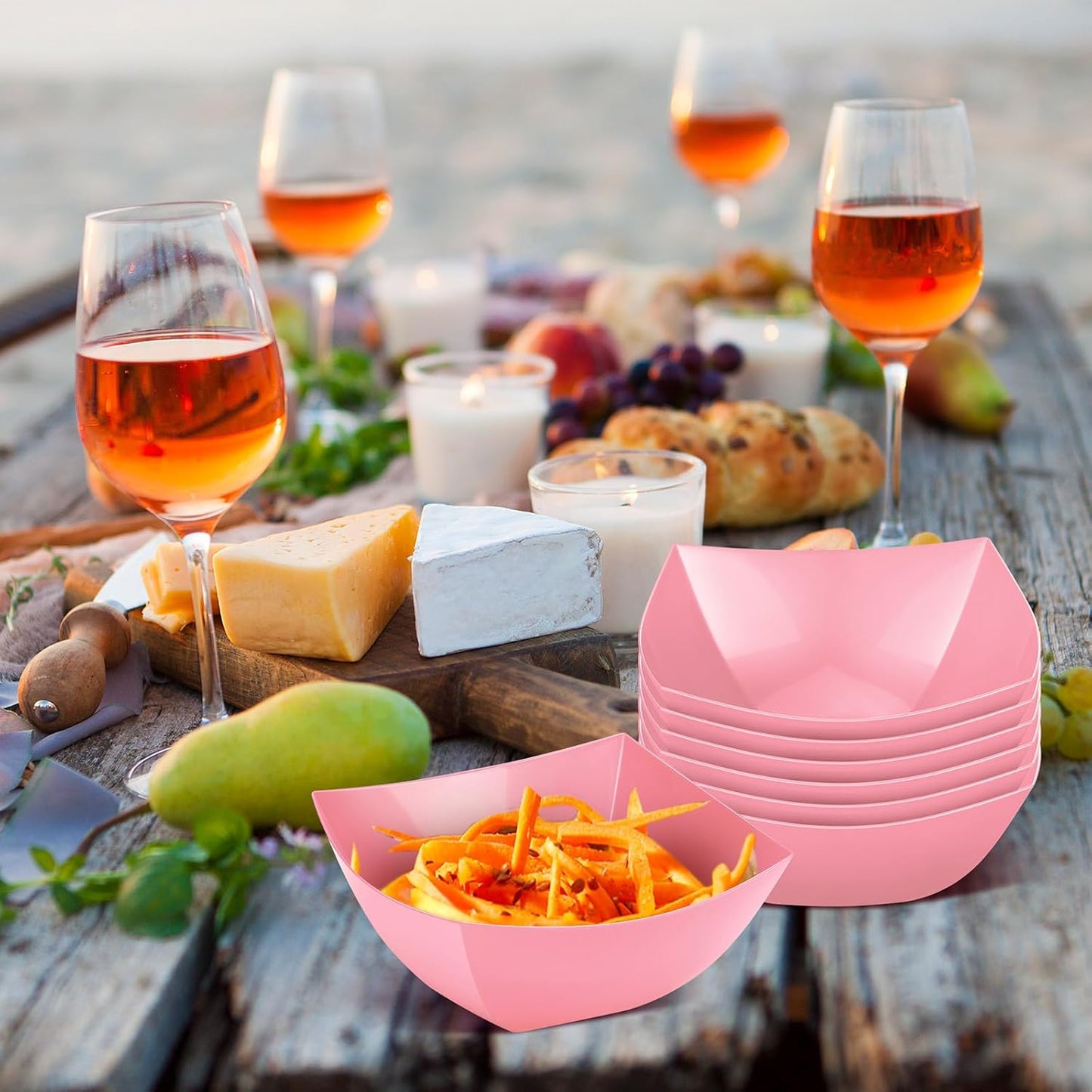 Tanlade 50 Pcs Square Plastic Serving Bowls Disposable Snack Salad Bowl Small Party Candy Bar Containers Taco Bar Serving Dishes for Buffet Chips Fruit (8 oz,Pink)