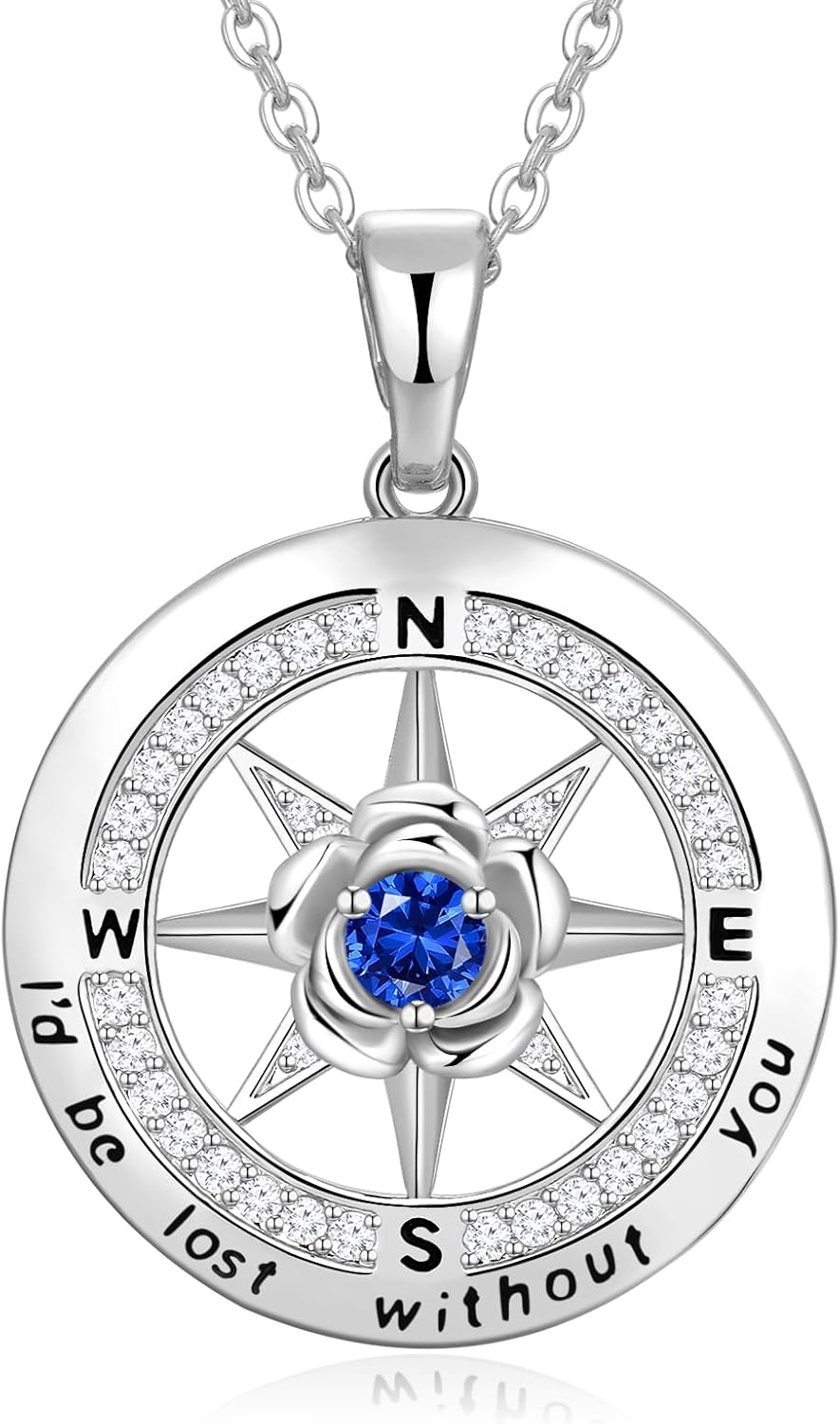 Silver Compass Necklace for Women Birthday Gifts for Wife Anniversary Necklace for Women Rose Flower Birthstone Necklaces for Wife Jewelry for Womens Girlfriend Mom Daughter