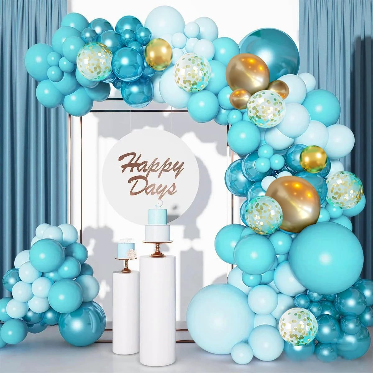 Teal Balloons Garland Arch Kit, 147PCS Teal Blue Turquoise Green Metallic Gold Balloons with Confetti for Wedding Baby Shower Birthday Party Decorations