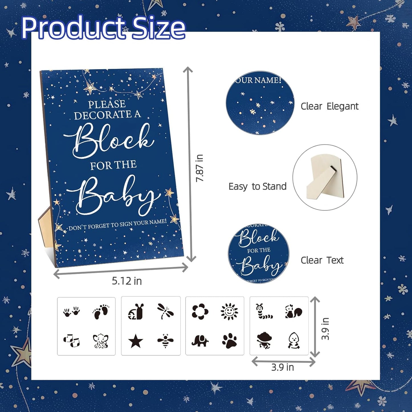 141 Pcs Baby Shower Game Sign Set Includes Decorative Square Signs 100 DIY Blank Wooden Blocks 20 Paint Markers(Star)
