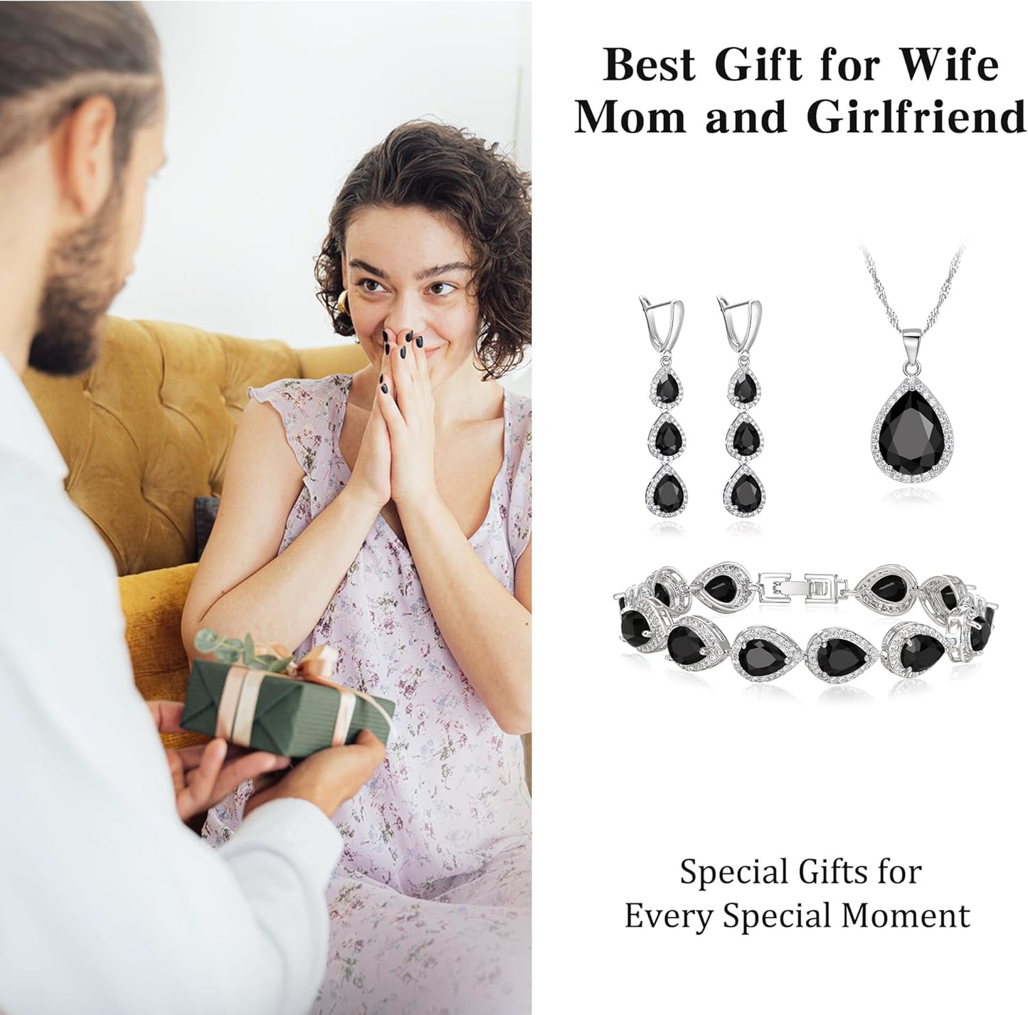 EleQueen Water Drop Pendant Necklace Long Dangle Earrings Tennis Bracelet Set, Sparkle Cubic Zirconia Teardrop Wedding Jewelry Sets for Bride Bridesmaid