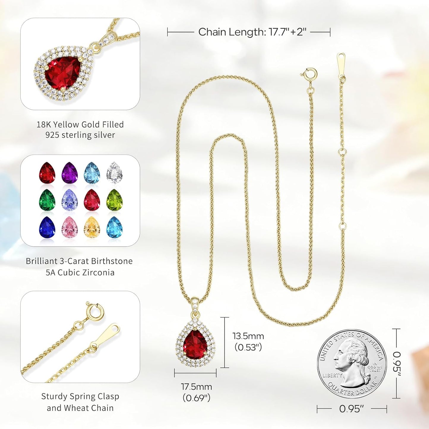 Gold Necklace for Women-Teardrop Birthstone Pendant-18K Gold Plated Chain with Light-Up Gift Box, Jewelry for Women,Anniversary Birthday Gifts for Her Wife Girlfriend Mom,Womens Jewelry