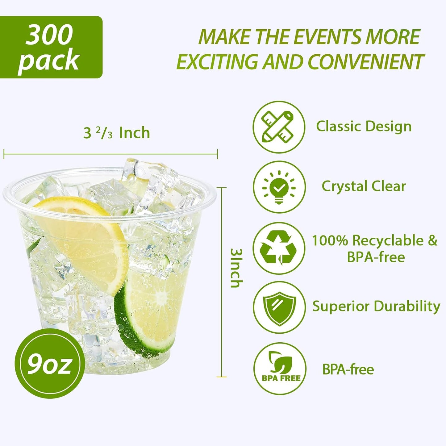Lilymicky 300 Pack 9 oz Clear Plastic Cups, 9 Ounce Disposable Plastic Drinking Cups, Crystal Clear, for Parties, Ceremonies, Events