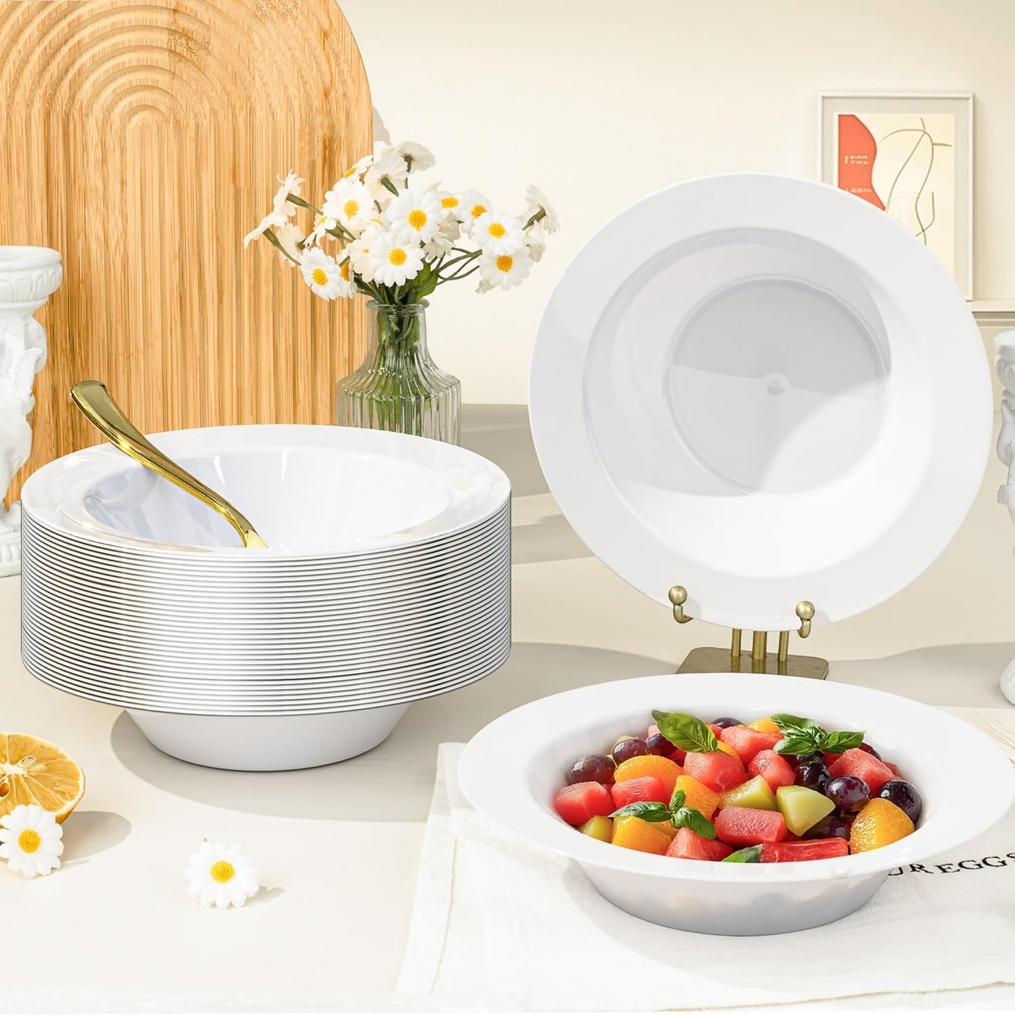 BESTVIP 50Pcs Plastic White Bowls, 12 Oz Disposable Bowls Disposable Bowls for Parties, Wedding, Christmas, Thanksgiving, Soak Proof Bowls for Breakfast, Lunch, and Dinner Meals