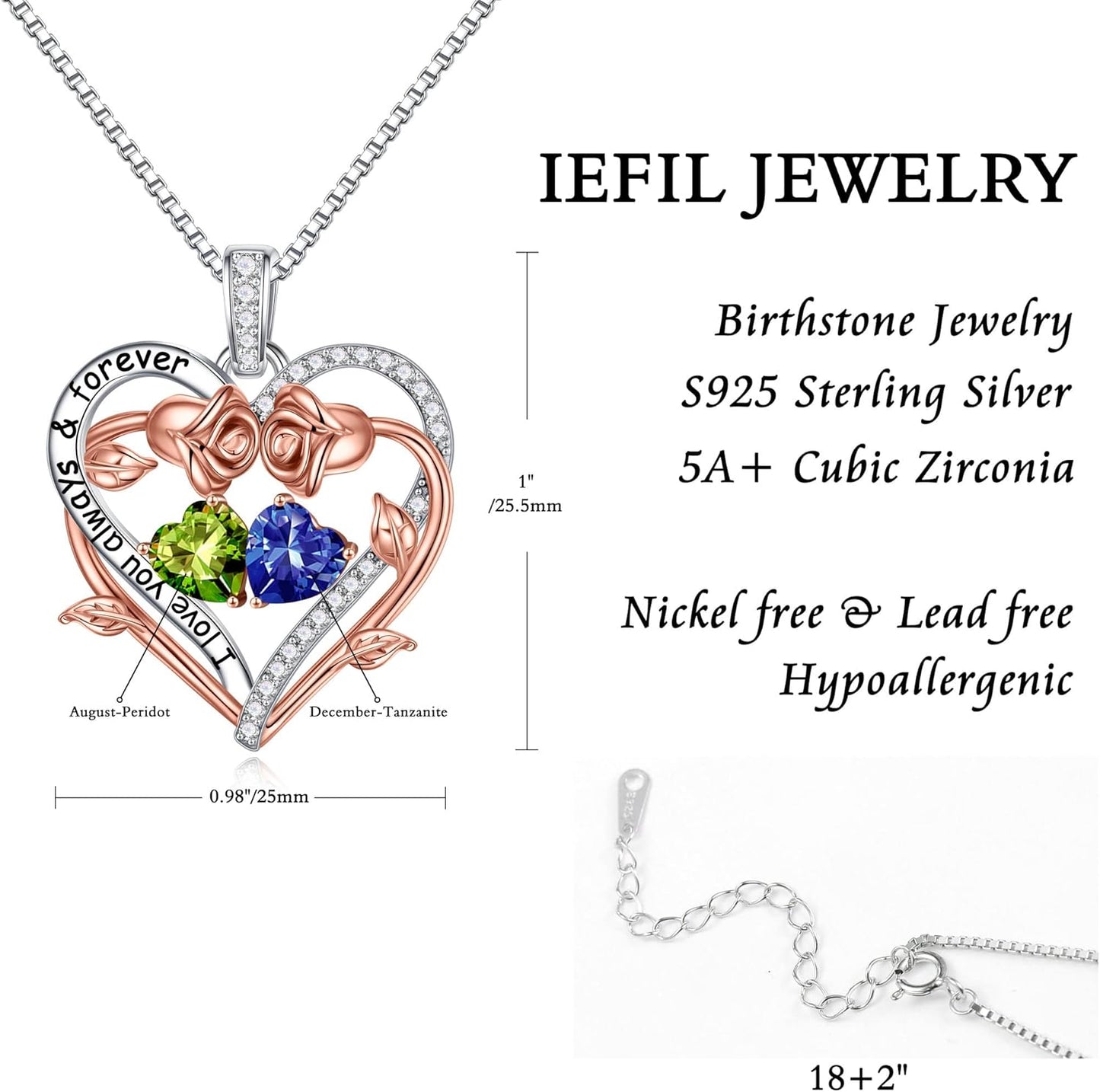 Iefil Rose Heart Double Birthstone Necklace Gifts for Wife Her Mom Women, Birthstone Jewelry Gemstone Birthday Gifts for Girlfriend Grandma Her Wife Women