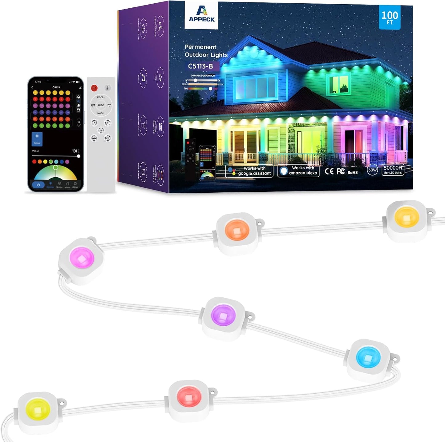 Permanent Outdoor Lights 100ft,RGBW Eaves Light with 72 LED Lights,111+ Scenes Modes Outdoor Lighting, Waterproof Permanent Light for Daily Holiday Halloween Decorations, Compatible with Alexa,White