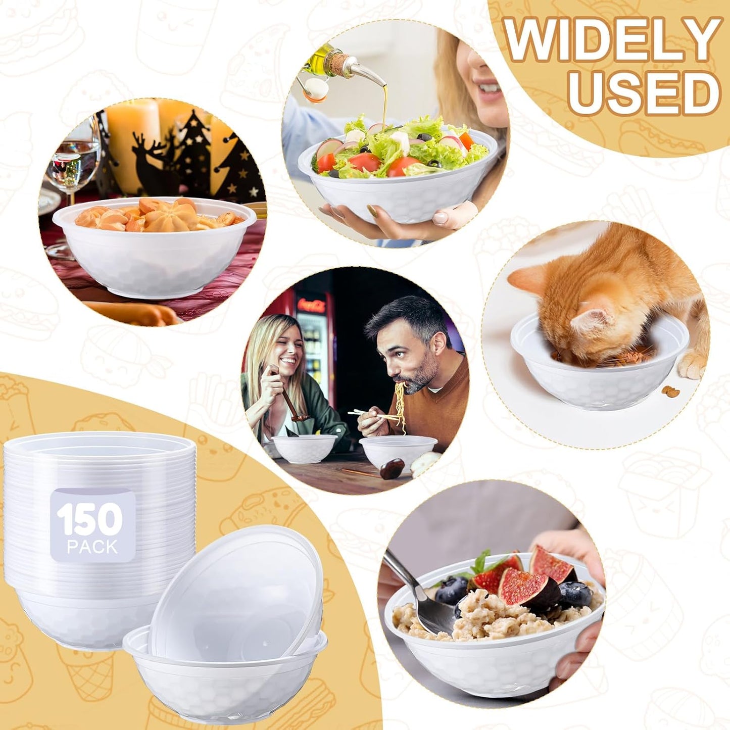 150 Pack 32oz White Disposable Plastic Bowls Plastic Salad Bowls Large Stackable Serving Soup Dinnerware for Birthdays, Weddings, Parties, Festivals