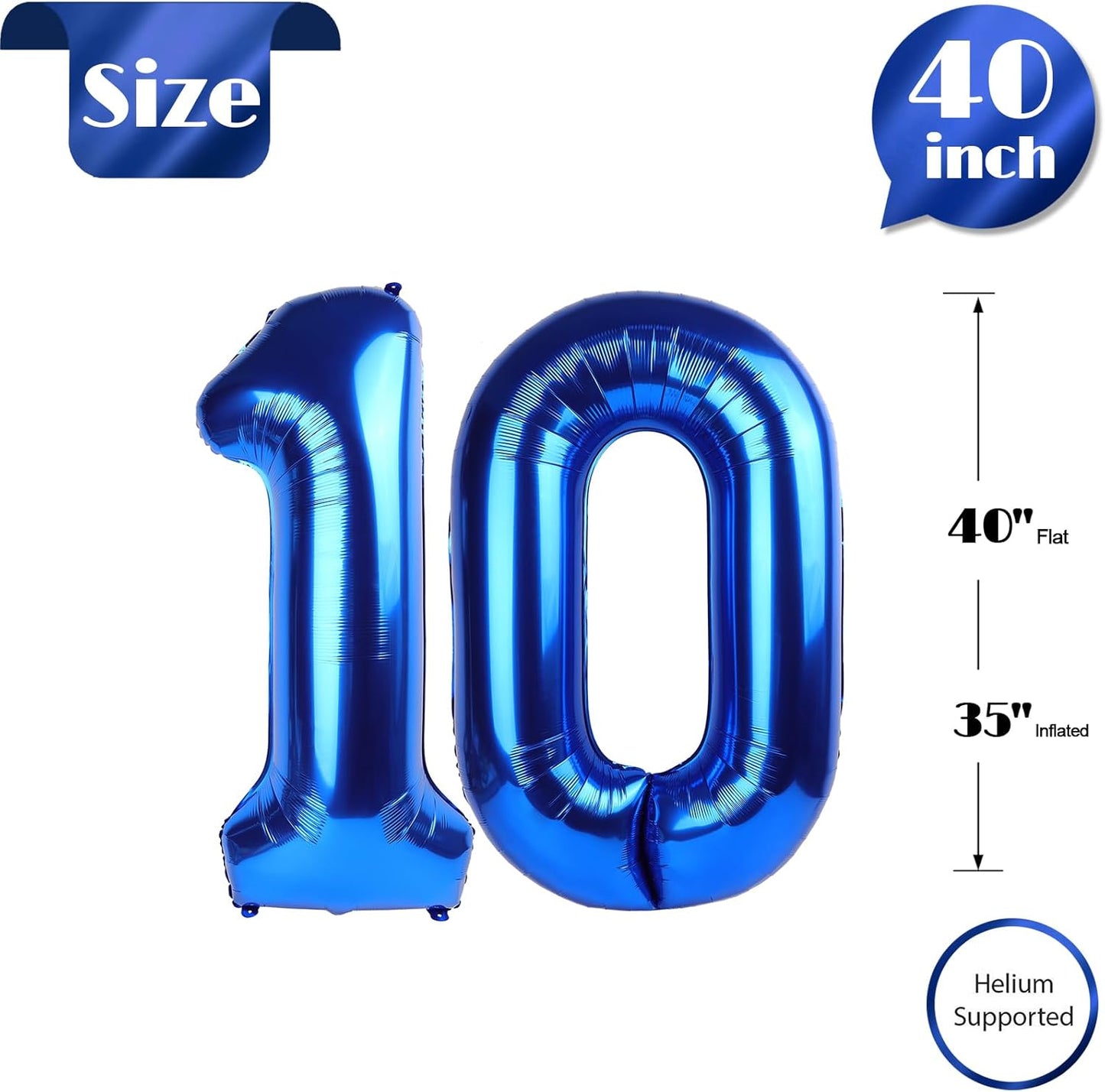 Navy Blue Number 10 Balloon 40 inch, 10 Number Balloons, 10th Navy Blue Birthday Decorations, 10 Year Old Girls Boys Blue Party Supplies