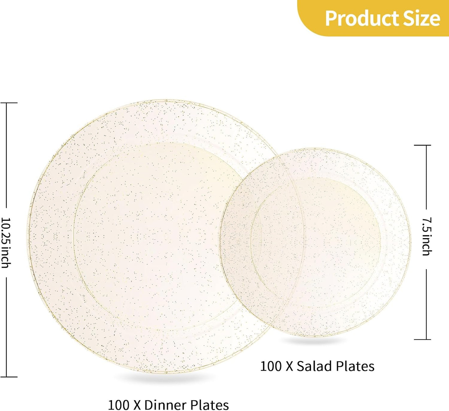 Goodluck Gold Glitter Plastic Plates - 200PCS Set: 100 Dinner (10.25 Inch), 100 Dessert (7.5 Inch) Plates - Disposable, Suitable for Parties, Weddings, Christmas