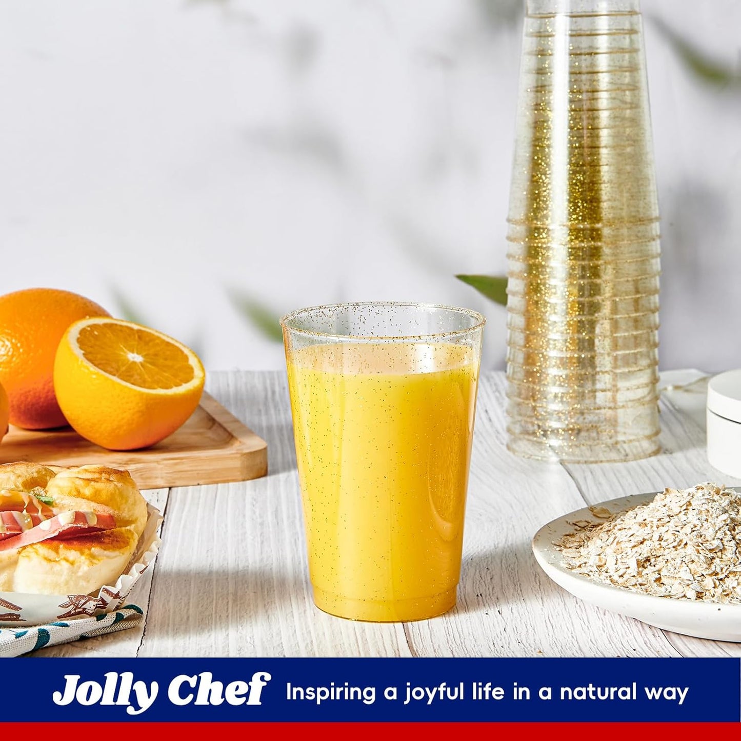 JOLLY CHEF 100 Pack 12 oz Gold Plastic Cups, Disposable Gold Cups, Heavy-duty Party Glasses for Wedding, Thanksgiving, Christmas Parties