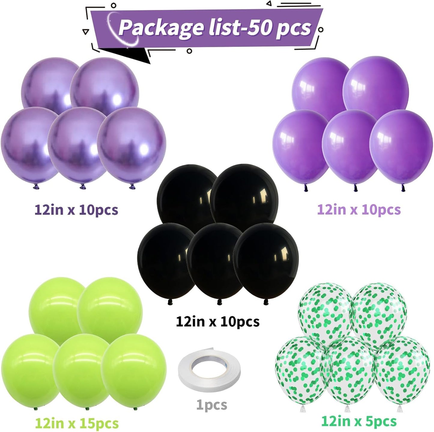 Purple and Green Balloons, 12 Inch Lime Neon Green Metallic Purple Black Confetti Latex Party Balloons for Boys Halloween Hero Monster Truck Racing Car Theme Baby Shower Birthday Party Decorations
