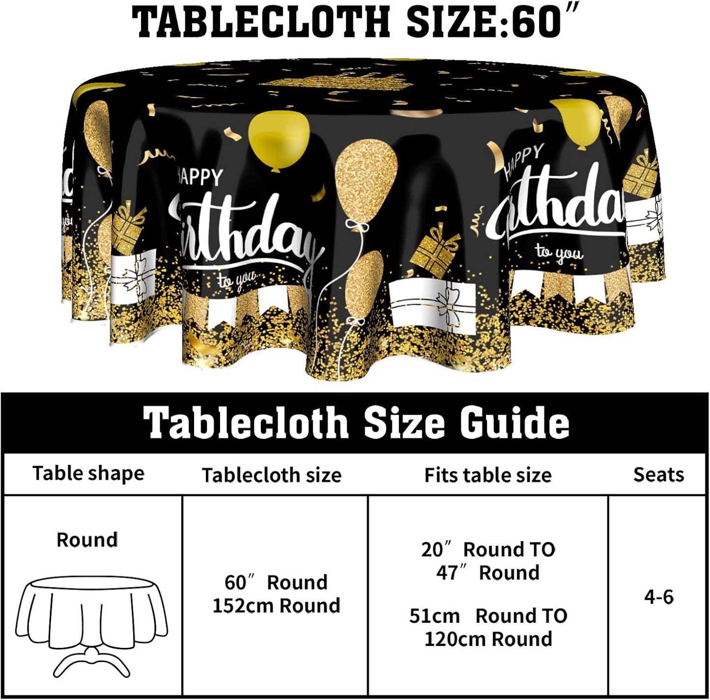 Giwawa Happy Birthday Round Tablecloth 60" Black Gold Birthday Cake Confetti Flags Balloons Gifts Decorative Circle Table Cloth Cover Stain & Wrinkle Resistant for Dining Room Kitchen Indoor Outdoor