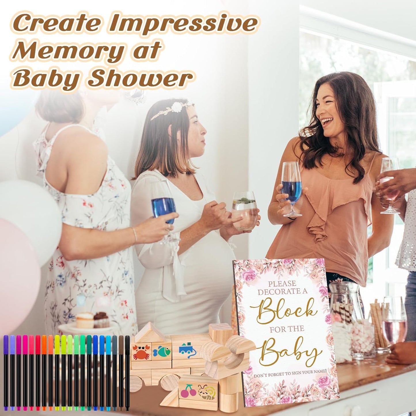 141 Pcs Baby Shower Game Sign Set Includes Decorative Square Signs 100 DIY Blank Wooden Blocks 20 Paint Markers(Flower)