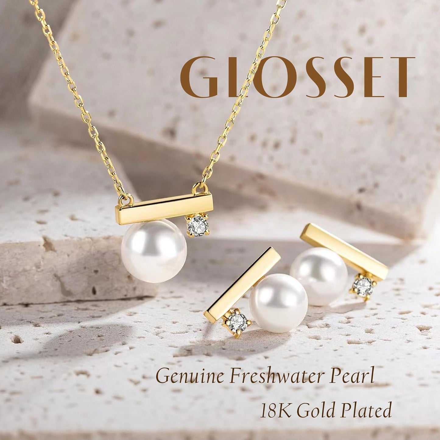 Pearl Necklace and Earring Set, 18K Gold Plated Earrings and Necklace Set for Women, Dainty Freshwater Pearl Jewelry Set for Women Gift