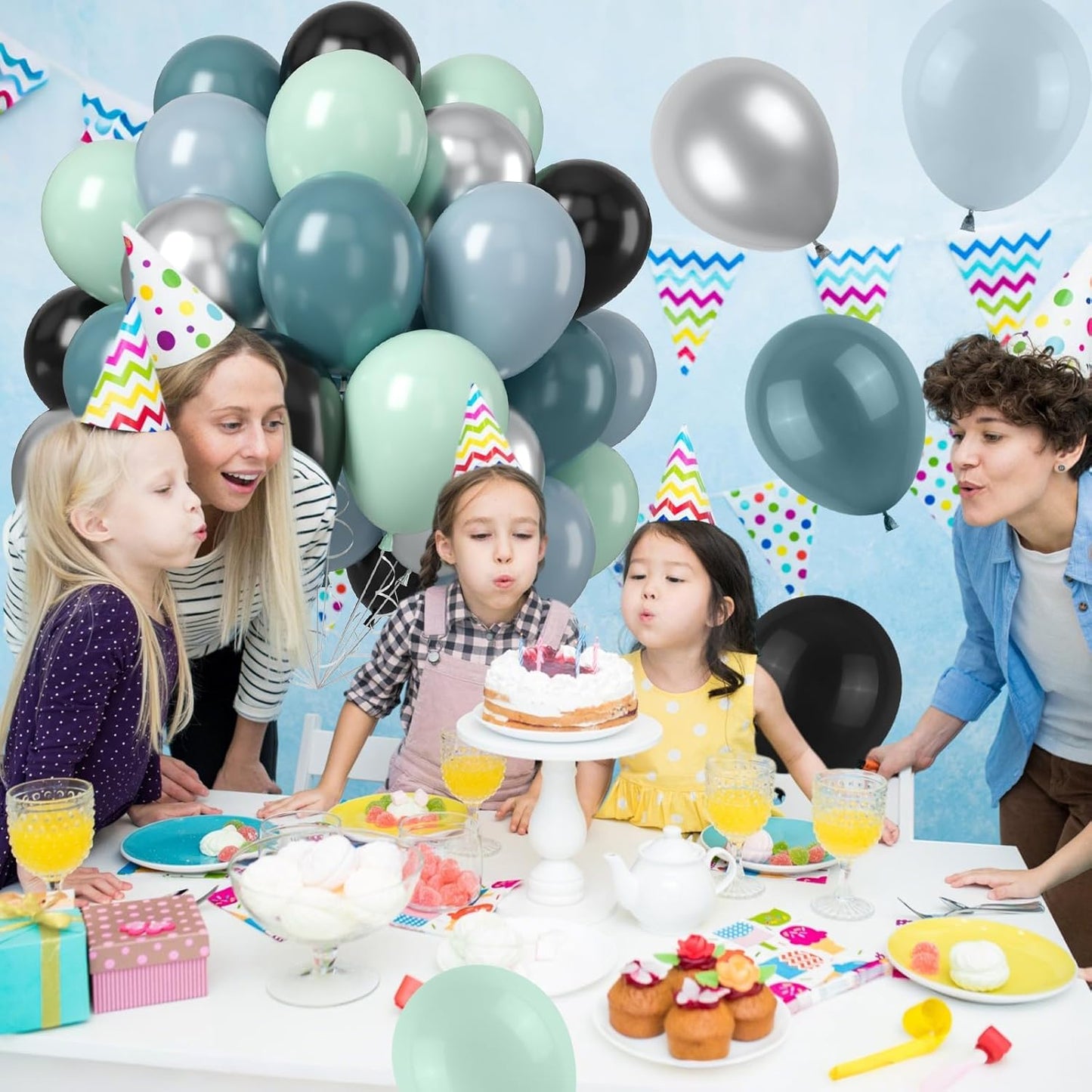 Dusty Blue and Black Balloons, 50pcs 12Inch Race Car Slate Light Pale Blue Pastel Green Black Metallic Silver Latex Helium Balloon for Boys Birthday Baby Shower Party Decorations