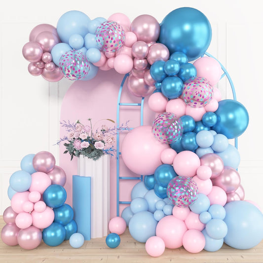 Amandir 153pcs Pink Blue Balloon Garland Arch Kit, Different Sizes 18 12 10 5 inch Metallic Pink Blue Latex Confetti Balloons for Boy Girl Gender Reveal Neutral Baby Shower Birthday Party Decoration