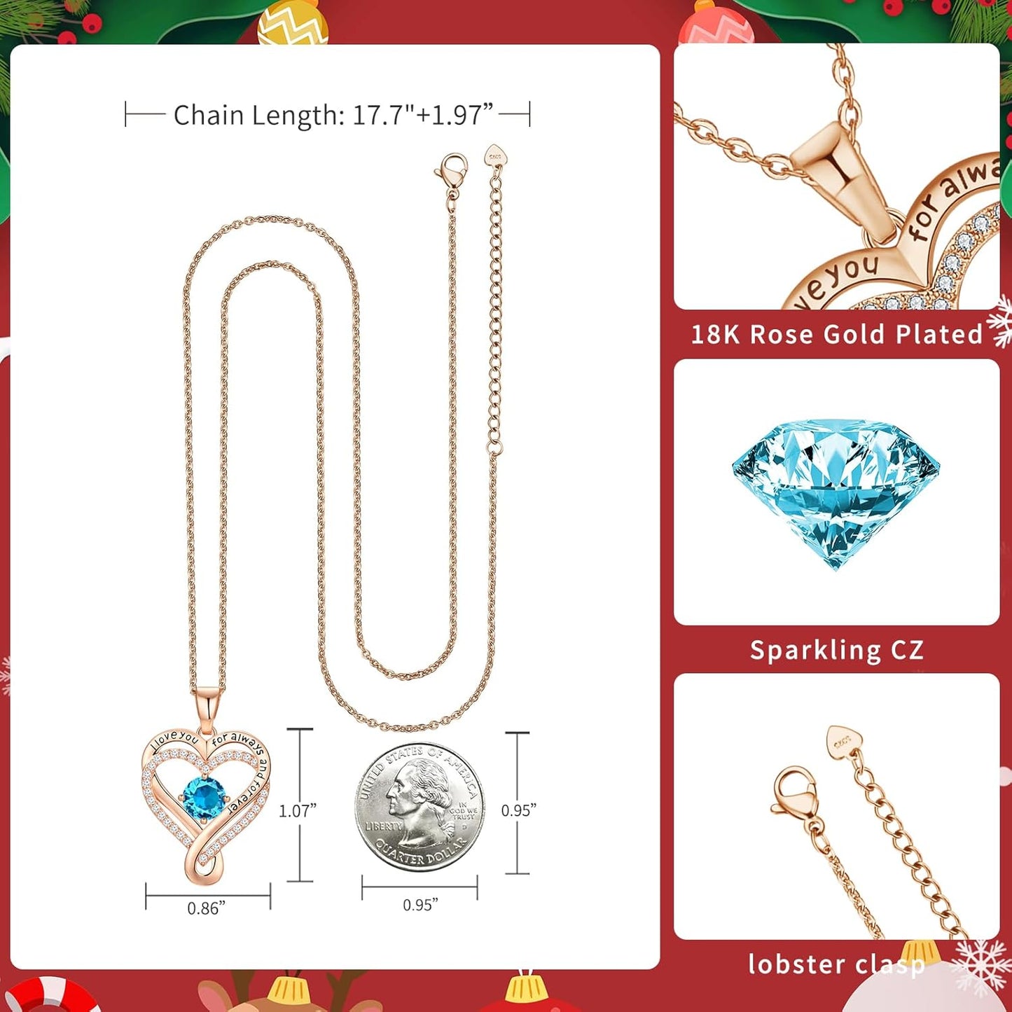 18K Rose Gold Infinity Love Heart Birthstone Necklace for Women Wife, Anniversary for Women Wife Birthday Gift for Her Girlfriend Mom Daughters, I Love You Women's Jewelry S925 Sterling Silver