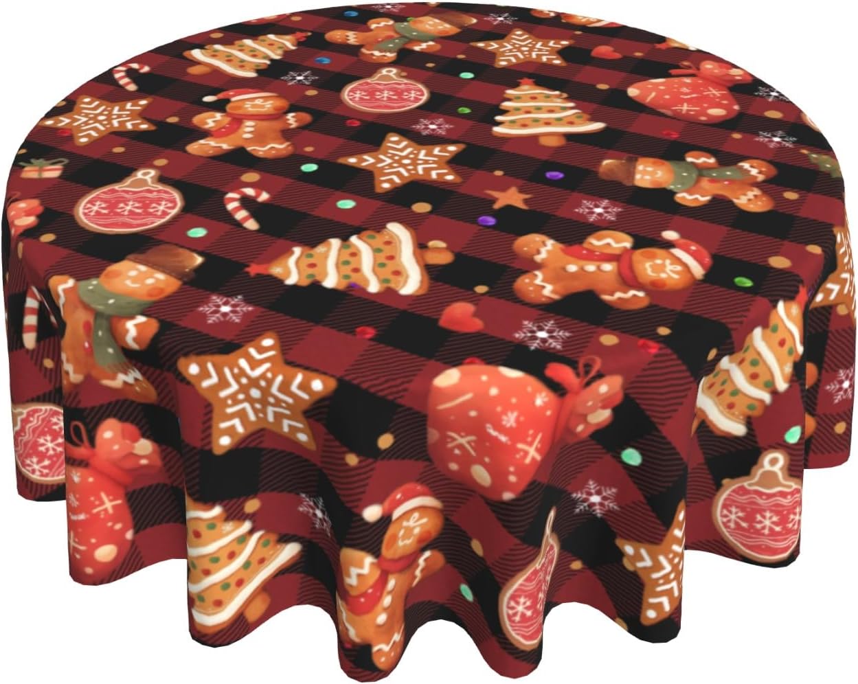 Giwawa Gingerbread Man Round Tablecloth for Kitchen Dining, 60Inch Christmas Cookies Balls Buffalo Plaids Table Cover, Winter Snowflakes Xmas Trees Table Cloth Washable for Holiday Party Decor