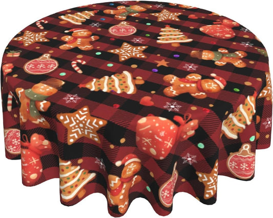 Giwawa Gingerbread Man Round Tablecloth for Kitchen Dining, 60Inch Christmas Cookies Balls Buffalo Plaids Table Cover, Winter Snowflakes Xmas Trees Table Cloth Washable for Holiday Party Decor
