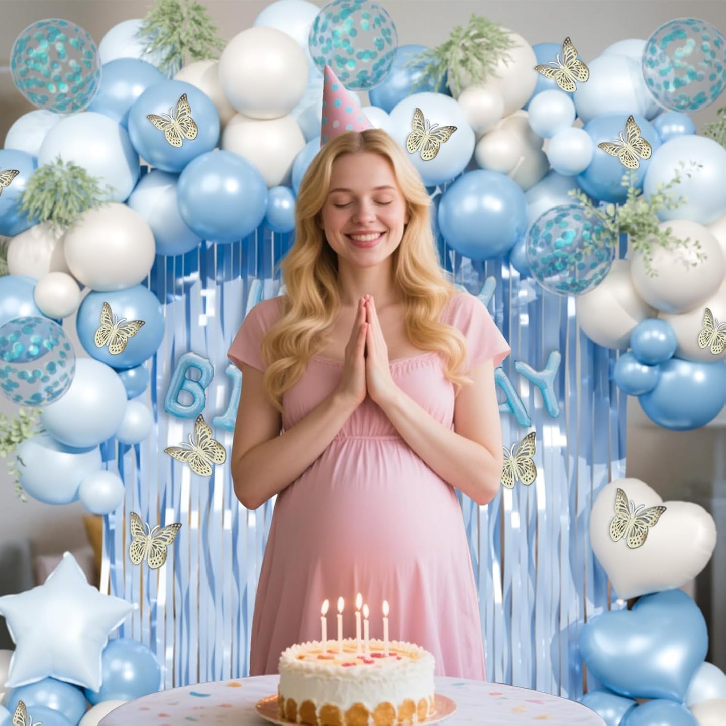 Light Blue Birthday Decorations, Dusty Blue Sand White Confetti Foil Balloons Happy Birthday Banner Fringe Curtains Gold Butterfly for happy birthday party decor