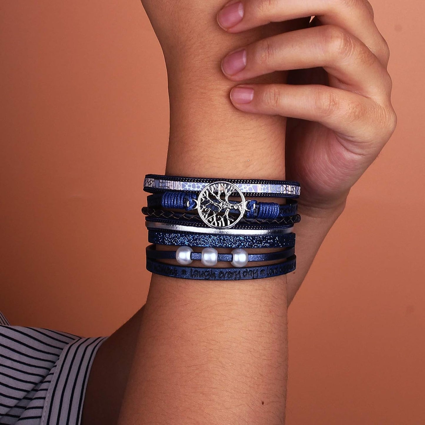 FANCY SHINY Tree of Life Leather Wrap Bracelet Inspirational Cuff Bangles Boho Pearl Bracelets with Magnetic Clasp Unique Jewelry Gifts for Women