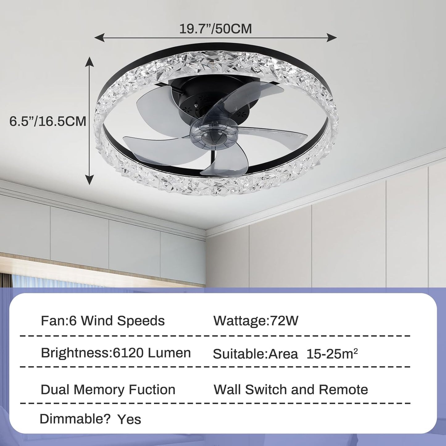 20" Low Profile Ceiling Fan with Light Modern Fandelier Ceiling Fan with Lights Dimmable LED Reversible Blades Timing with Remote Control Black Fan Lights for Living Room Small Room