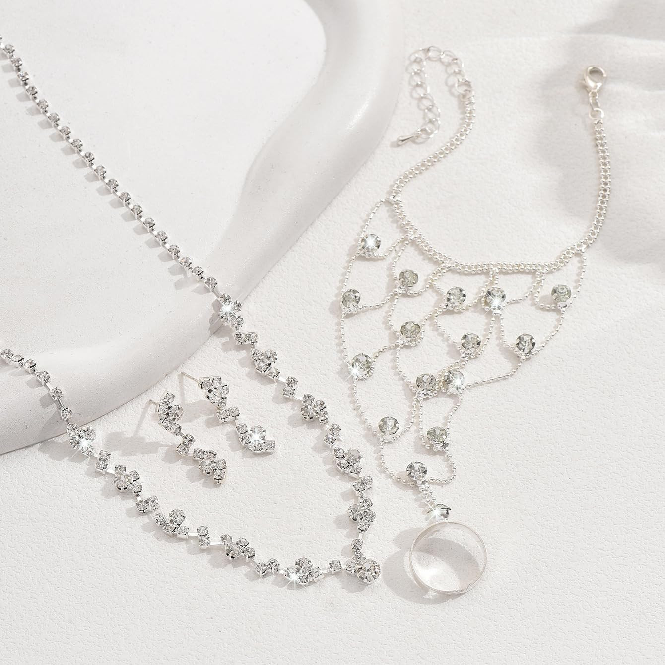 Wedding Jewelry Sets for Brides Rhinestone Necklace and Earring Set Bracelet Ring Gold Silver Prom Jewelry Sets Diamond Flower Teardrop Necklace for Women