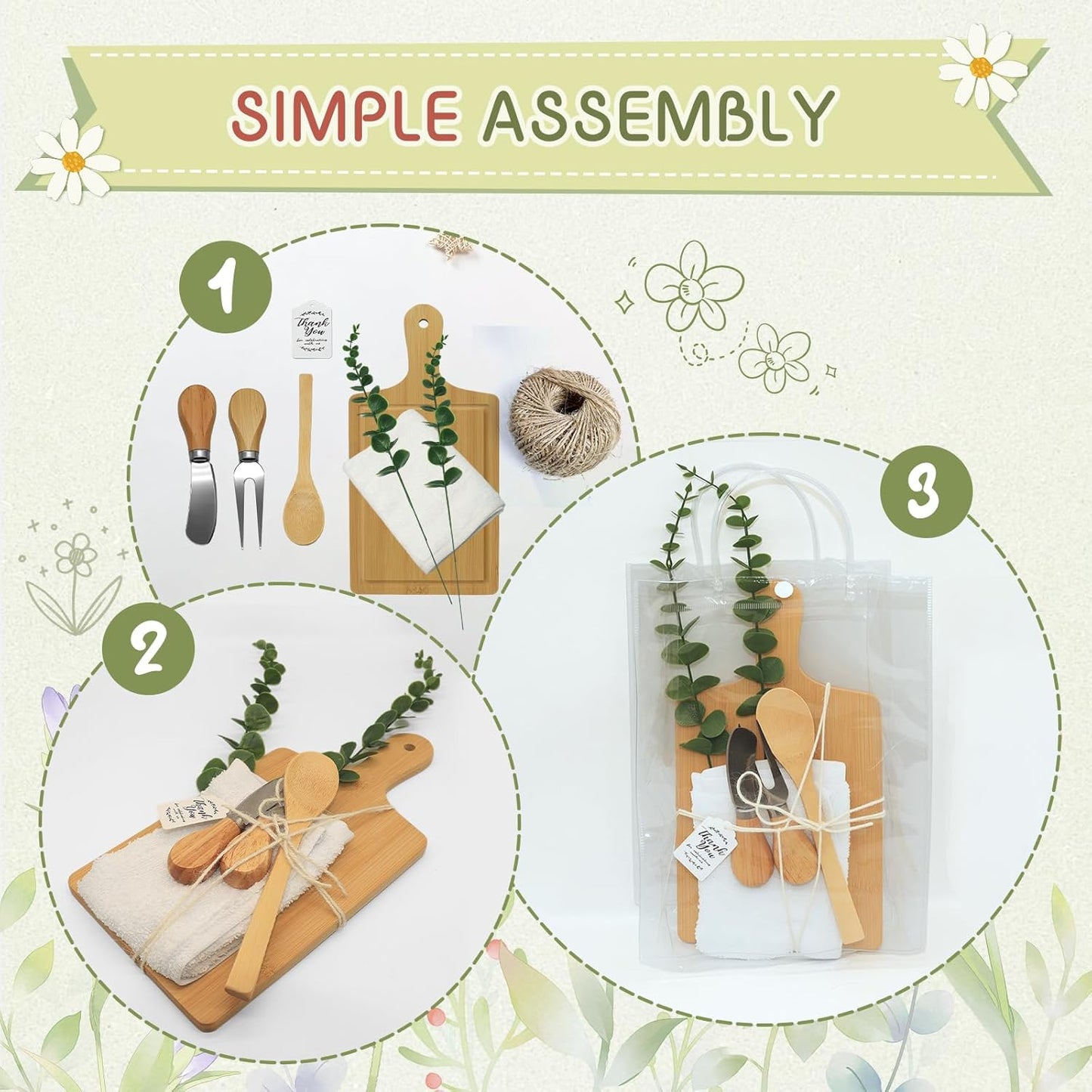 AZEAM 55Pcs Baby Shower Prizes for Game Winners, Bridal Shower Prizes with 6 Sets Square Cheese Board Spoon Fork Butter Knife Towel Card Plastic Bag Branch, Wedding Shower Favors for Guests