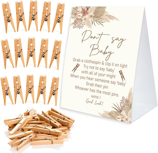Don't Say Baby Game for Baby Shower Clothespin Game, One 5x7 Coated Paper Sign and 50 Natural Clothespins, Boho Baby Shower, Watercolor Bohemian with Feathers Theme, Gender Neutral -NDSBB44