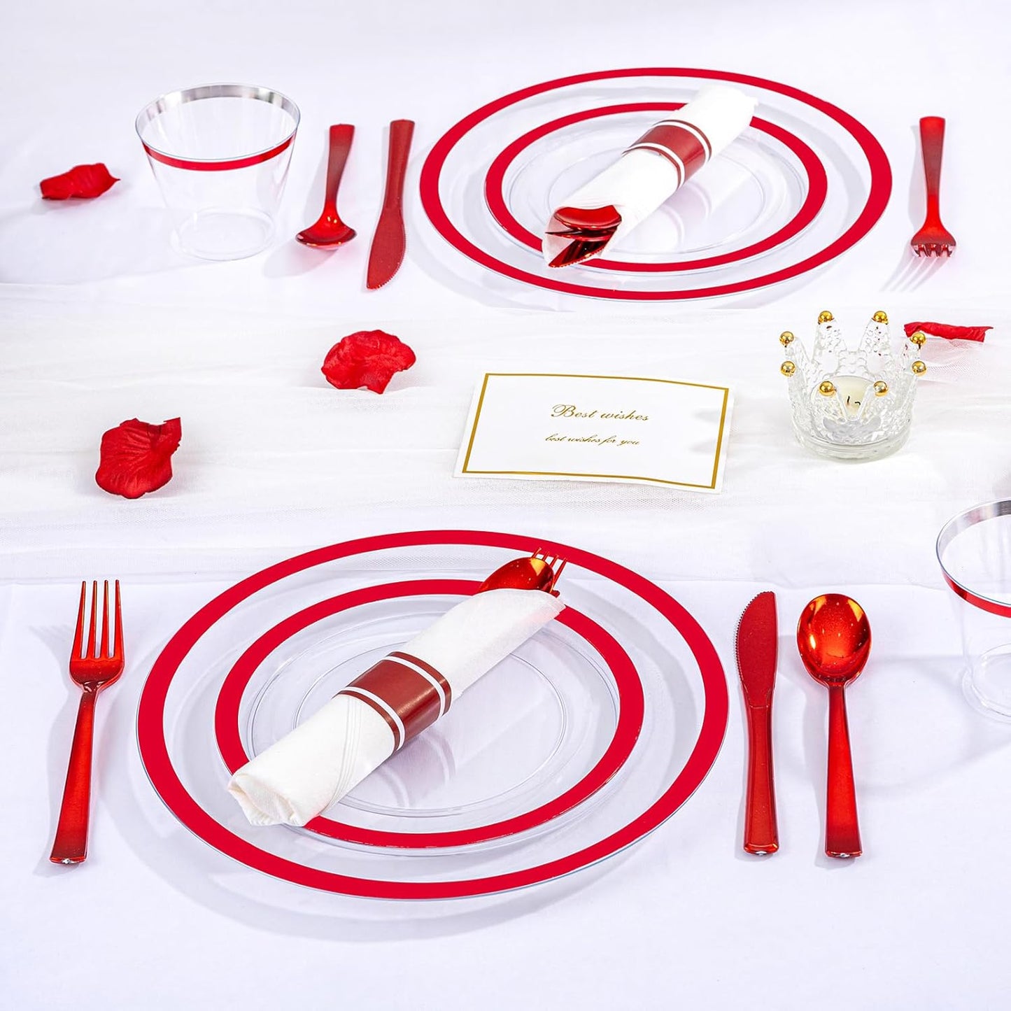 I00000 350 Pcs Red Plastic Plates,Clear Disposable Plate Set, Include 50 Dinner Plates, 50 Dessert Plates,50 Cups,50 Per Rolled Napkins with Plastic Cutlery for Wedding Thanksgiving Christmas Party