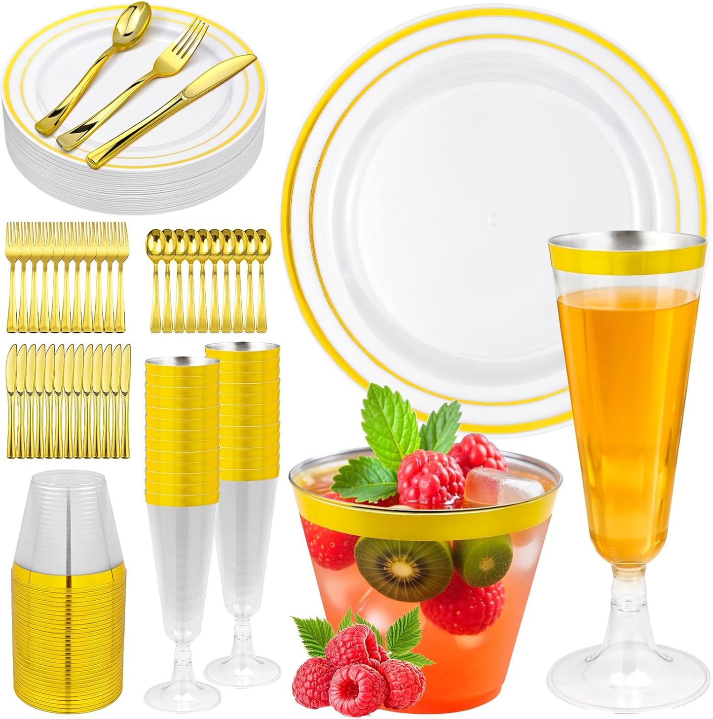 155PCS Gold Plastic Plates Set for 25 Guests, Disposable Dinnerware Set of 25 Dinner, 30 Cups and 25 Champagne Flutes Cups, 25 Spoons, 25 Forks, 25 Knives for Birthday, Wedding & Party Supplies