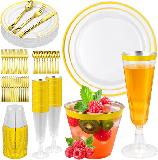 150PCS Gold Plastic Plates Set for 25 Guests, Disposable Dinnerware Set of 25 Dinner, 25 Cups and 25 Champagne Flutes Cups, 25 Spoons, 25 Forks, 25 Knives for Birthday, Wedding & Party Supplies