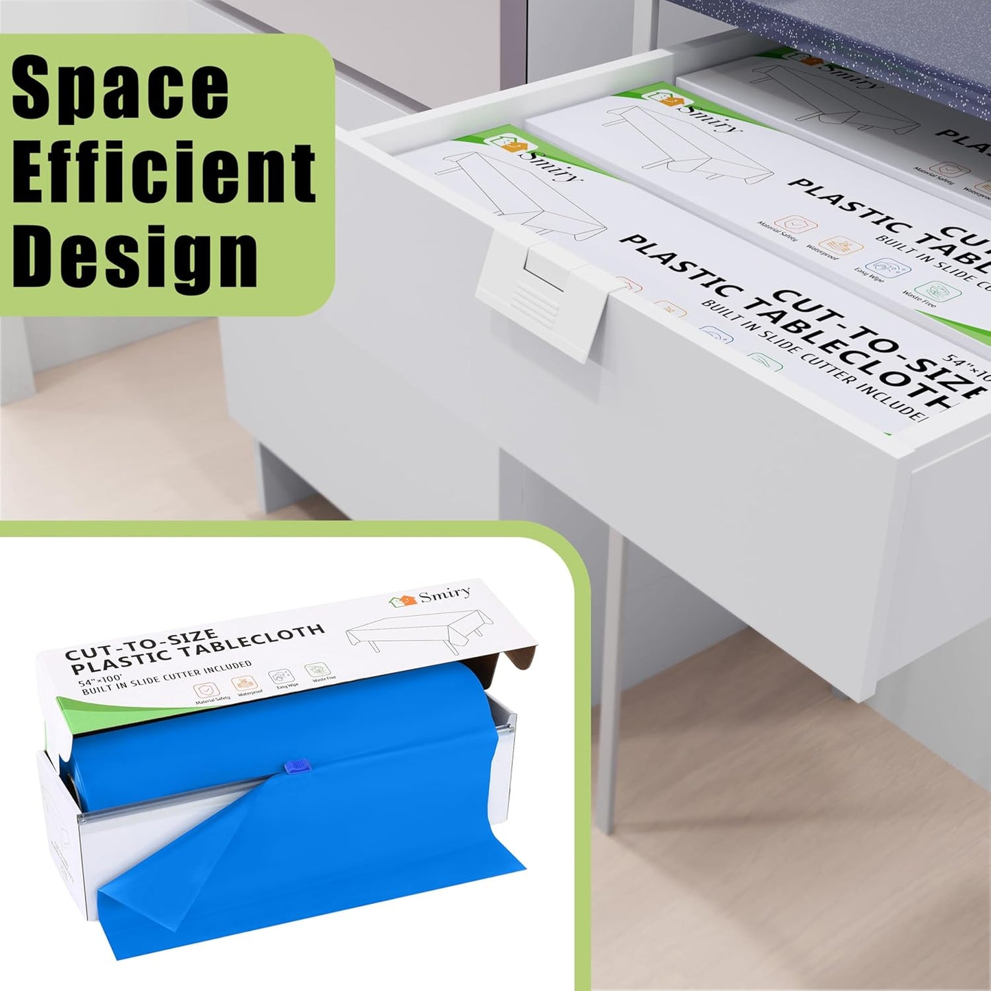 Smiry 54 Inch x 300 Feet Disposable Table Cover Roll, Blue Plastic Table Cloth in Cut-to-Size Box with Slide Cutter, Waterproof Rectangle Tablecloths for Weddings, Banquets, Outdoor