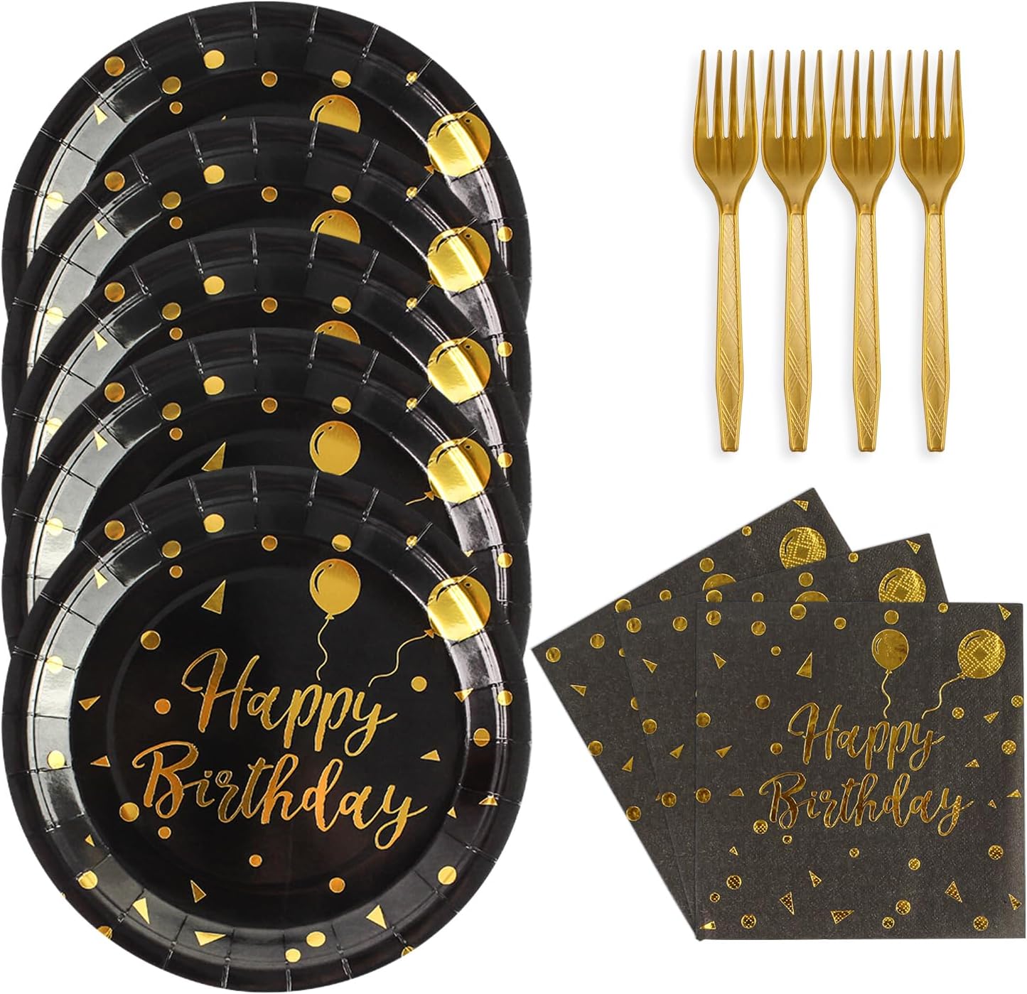 48PCS Happy Birthday Plates and Napkins Party Supplies, Black and Gold Disposable Paper Plates and Napkins with Forks Tableware Set for Birthday Party Decorations 16 Guests (Birthday Black)