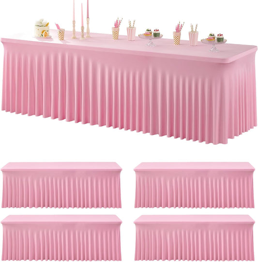 4 pk Spandex Tablecloths for 8 Foot Rectangle Tables, Pink Stretch Table Cloth 8ft Fitted Tablecover Desk Skirt for Parties Weddings Birthday Banquet Baby Shower