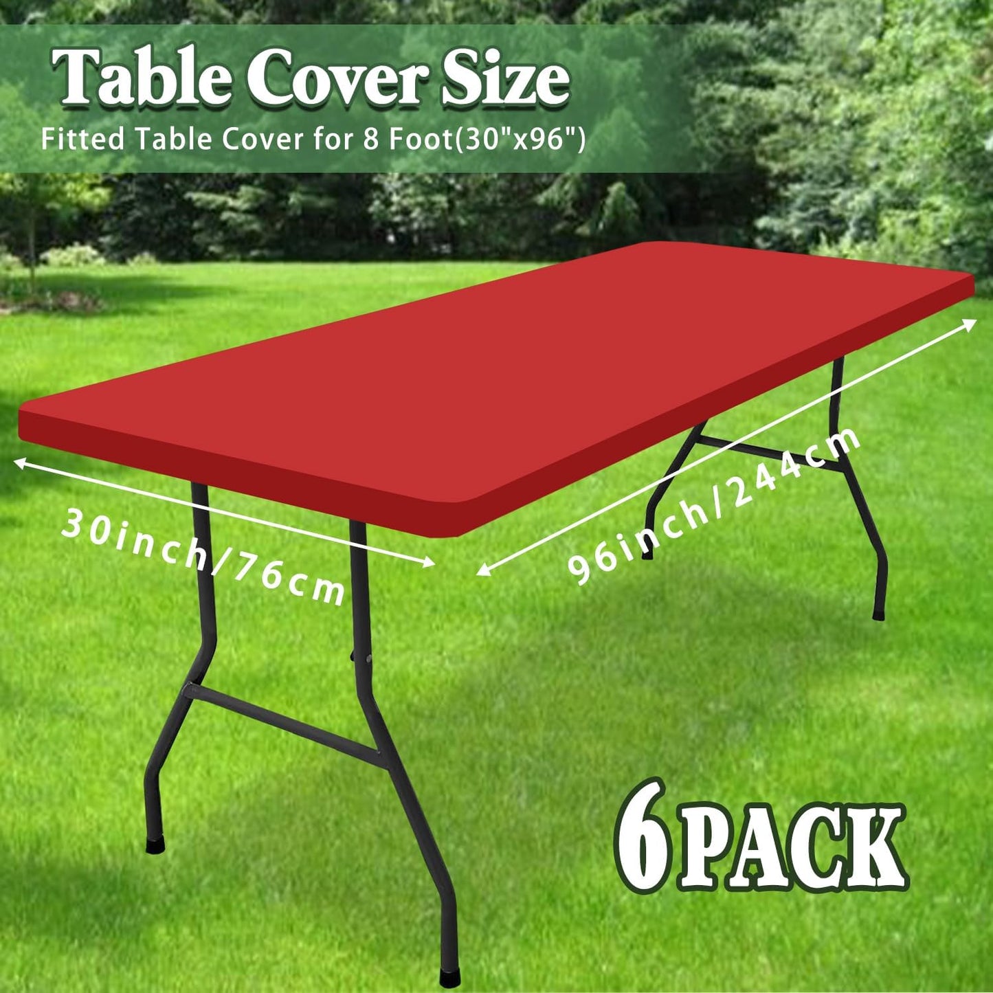 6 Pack Picnic Fitted Table Cover for 8 Foot Tablecloth for Rectangle Tables Waterproof Stretch Washable Folding Indoor and Outdoor Spandex Table Cloth for Camping Banquet and Parties (Red,30" x 96")